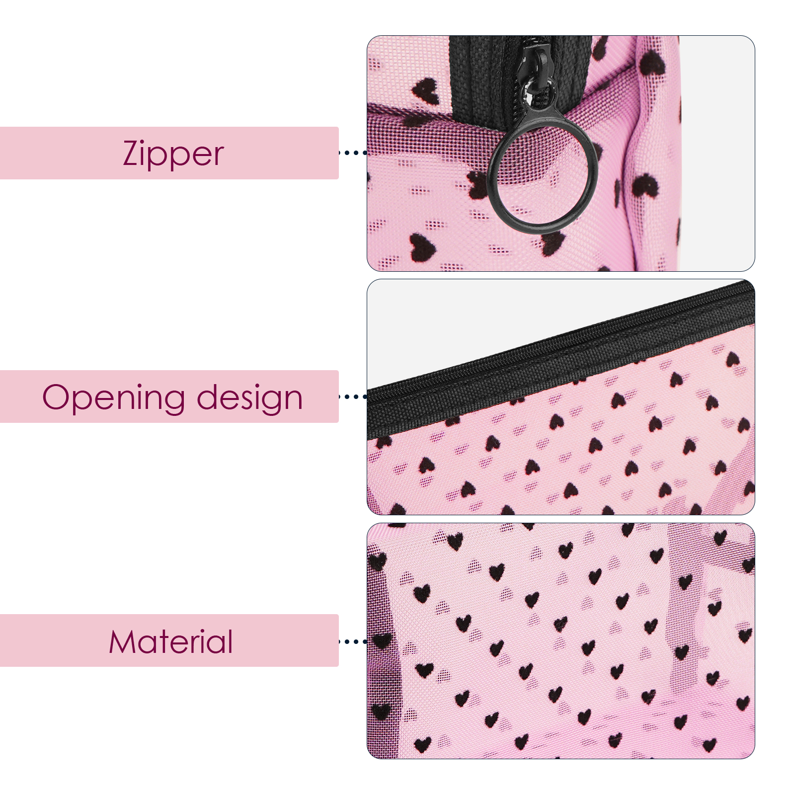 Pieces Mesh Cosmetic Bags, Portable Travel Mesh Makeup Bag, Heart Print Zipper Pouch Toiletry Bag for Women Girls (Pink) - Image 6