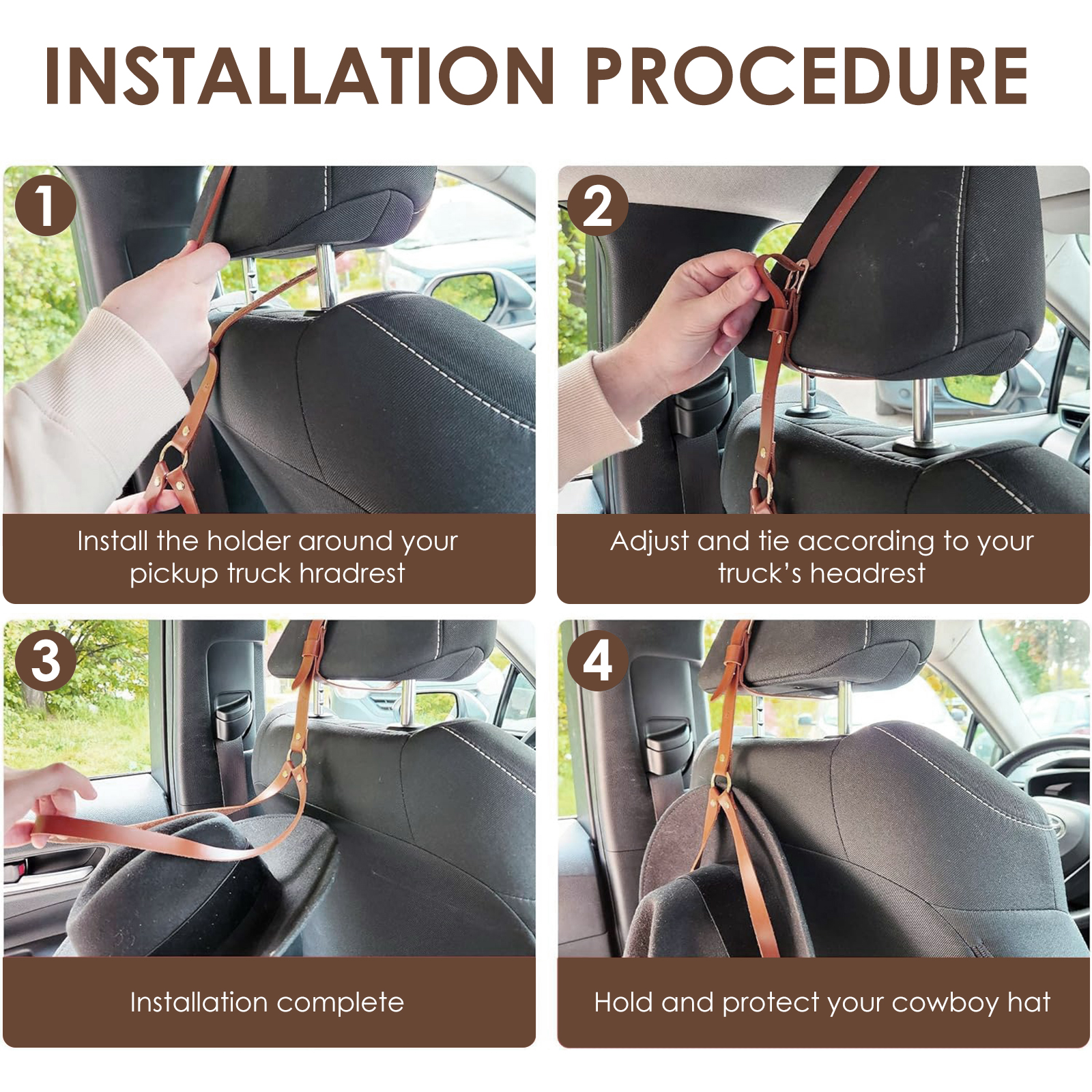Cowboy Hat Rack for Pickup Trucks, Leather Cowboy Hat Holder for Truck Headrest, Cowboy Hat Hanger for Vehicle SUV Car Accessories (Black) - Image 4