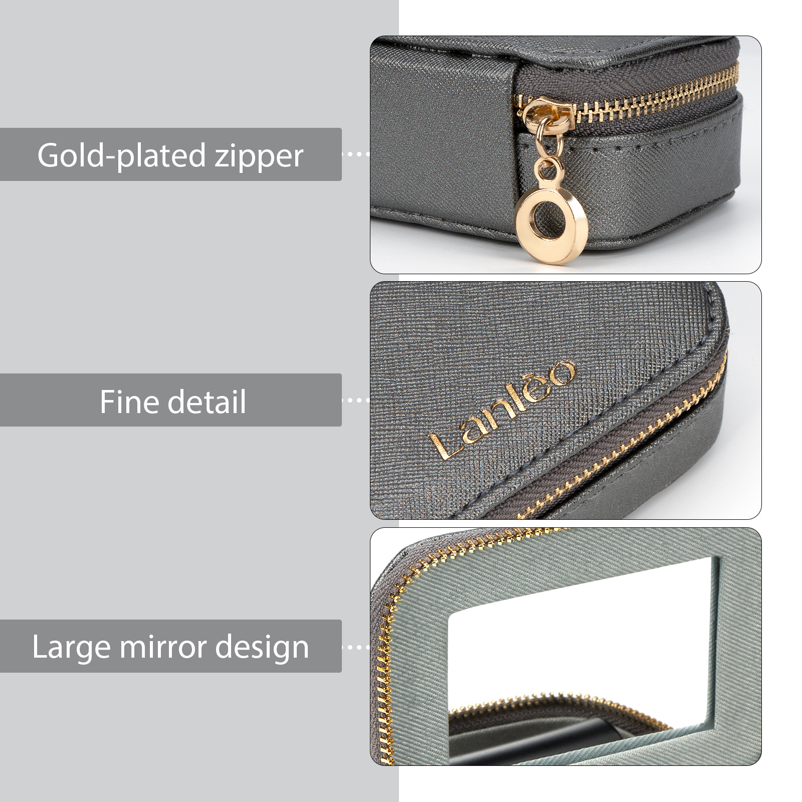 Lipstick Case with Mirror for Purse, Travel Leather Lip Gloss Storage Organizer, Portable Small Makeup Bag for Women (Grey) - Image 4