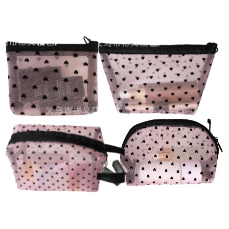 Pieces Mesh Cosmetic Bags, Portable Travel Mesh Makeup Bag, Heart Print Zipper Pouch Toiletry Bag for Women Girls (Pink) - Image 3