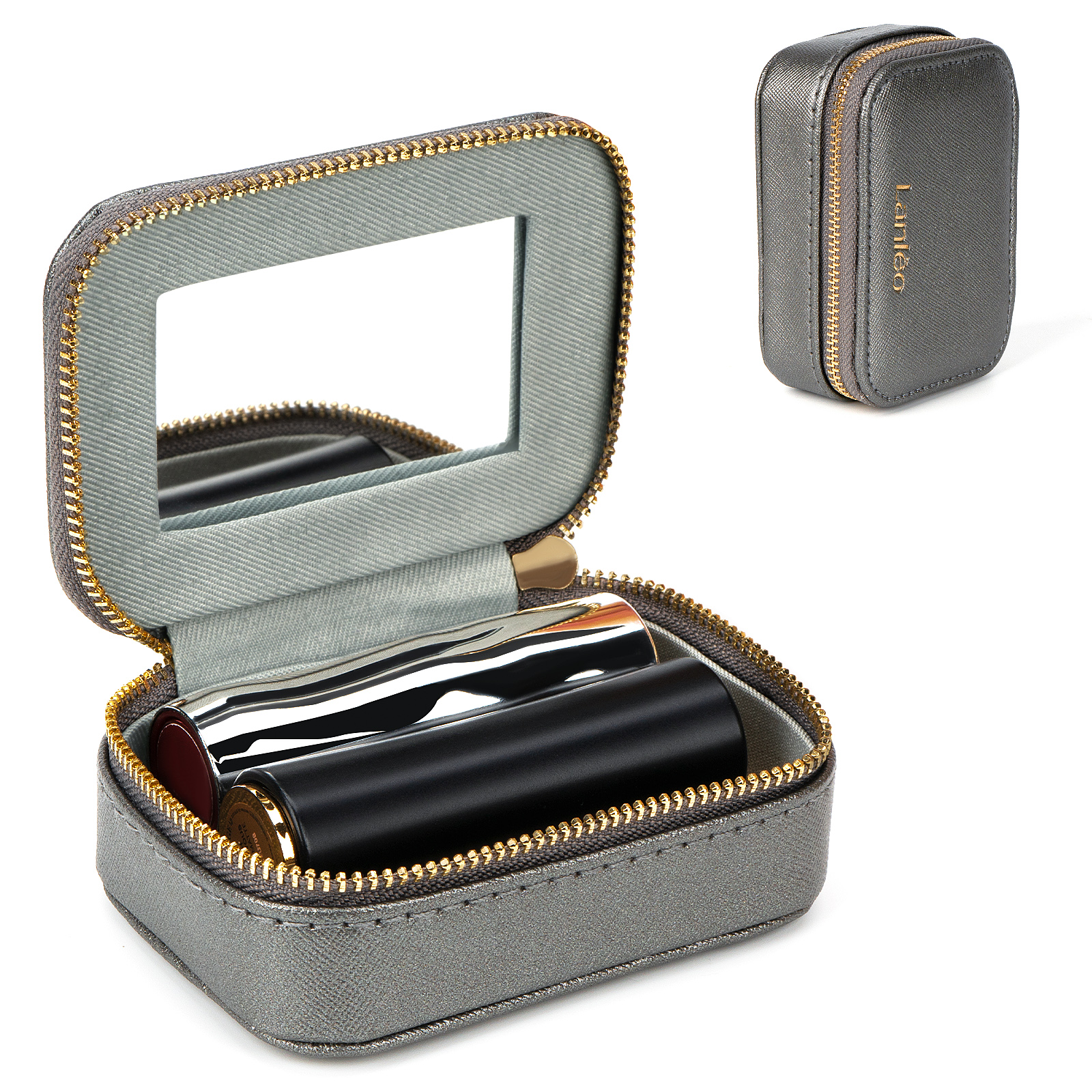 Lipstick Case with Mirror for Purse, Travel Leather Lip Gloss Storage Organizer, Portable Small Makeup Bag for Women (Grey) - Image 5