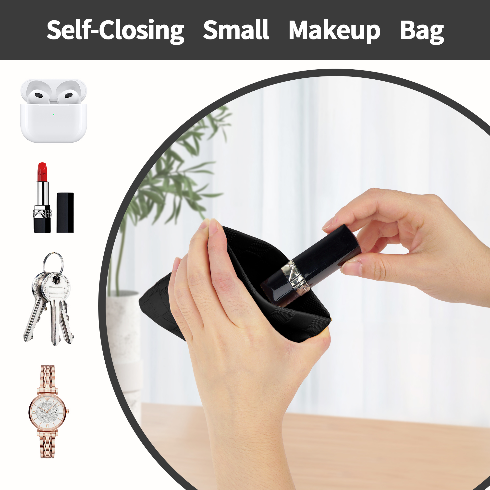 Vegan Leather Pocket Cosmetic Bag for Purse Set of 2, No Zipper Self Closing Makeup Pouch for Women, Waterproof Portable Coin Purse (Black) - Image 5