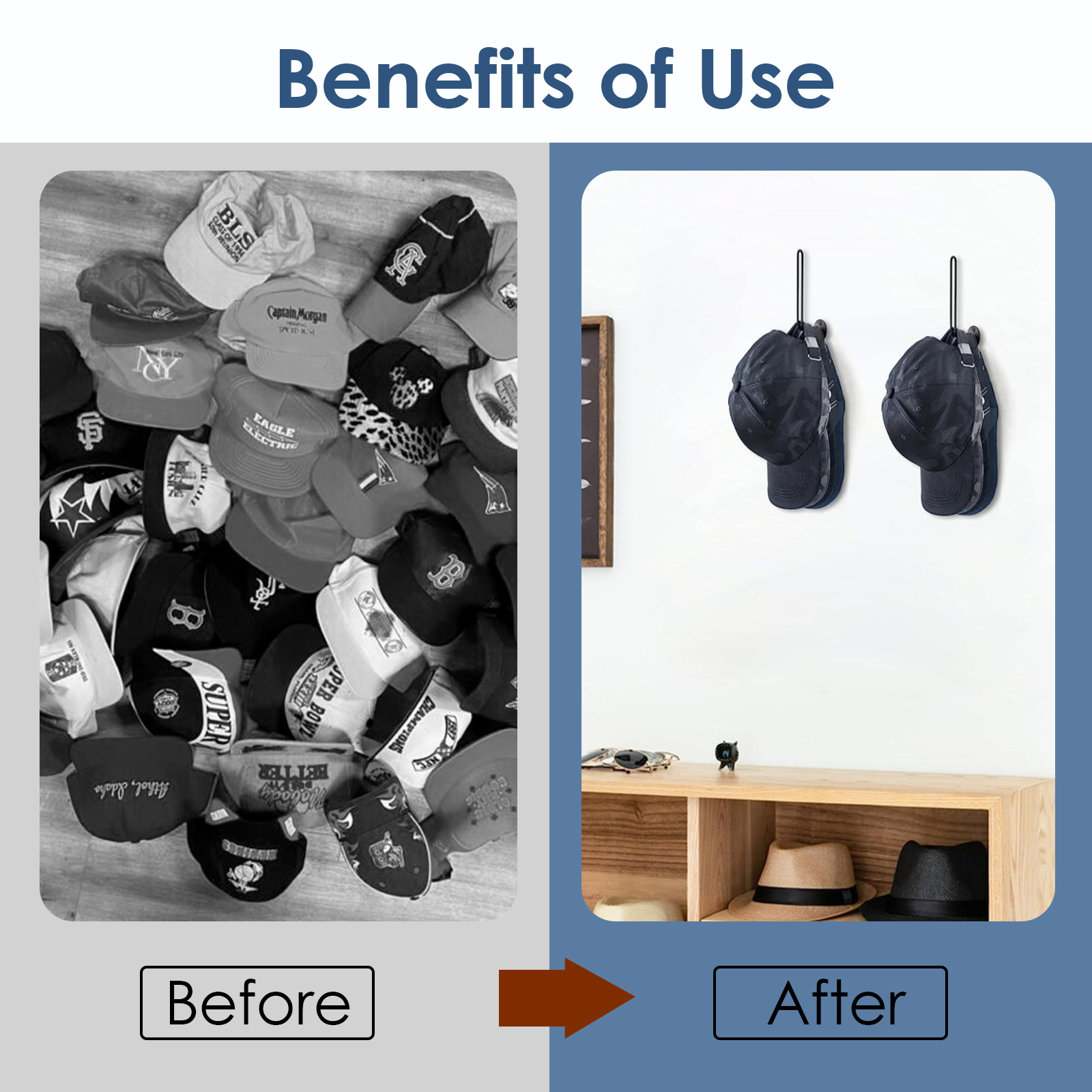 Pack Hat Racks for Baseball Caps, Wall Mounted Metal Hat Organizer for Closet, Adhesive Hat Holder Hat Storage Hooks (Black) - Image 3