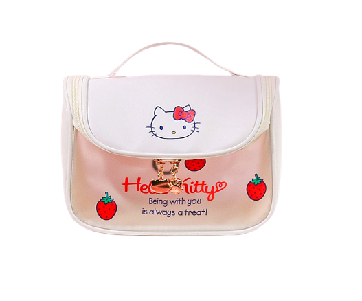 Hello Kitty Cosmetic Bag, Translucent Waterproof Toiletry Bag for Travel, PU Leather Makeup Bag Organizer for Women Girls (Letter Strawberry)