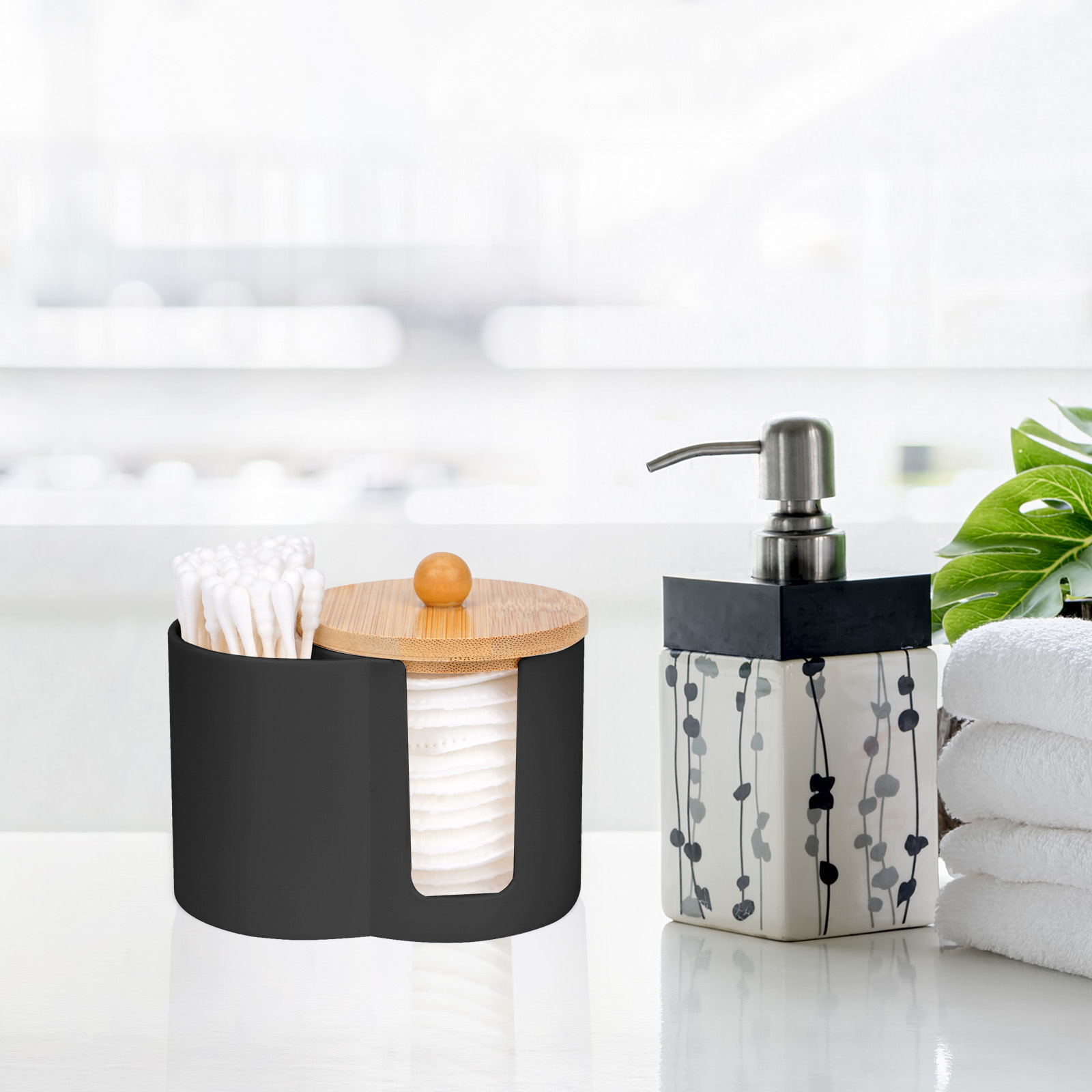 Cotton Pad and Swab Holder, Small Plastic Cotton Swabs Dispenser with Lid, Bathroom Accessories Storage Organizer for Cotton Swabs, Cotton Pads, Floss Picks (Black) - Image 4