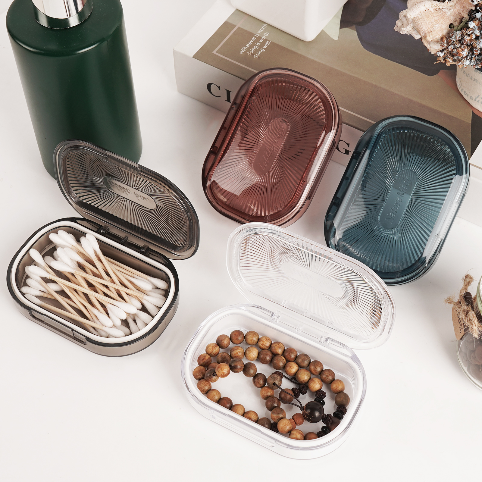 Pack Travel Cotton Swab Qtip Holder, Portable Hair Tie Organizer with Lid, Flosser Dispenser, Plastic Flosser Dispenser Hair Accessories Organizer (Grey, White) - Image 4