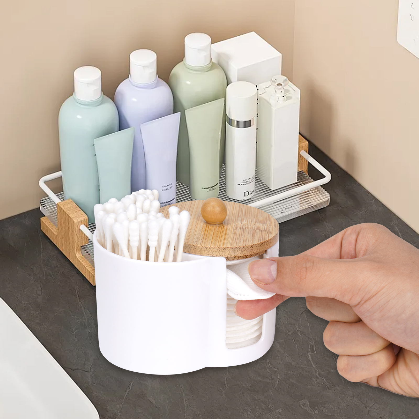 Cotton Pad and Swab Holder, Small Plastic Cotton Swabs Dispenser with Lid, Bathroom Accessories Storage Organizer for Cotton Swabs, Cotton Pads, Floss Picks (White) - Image 5