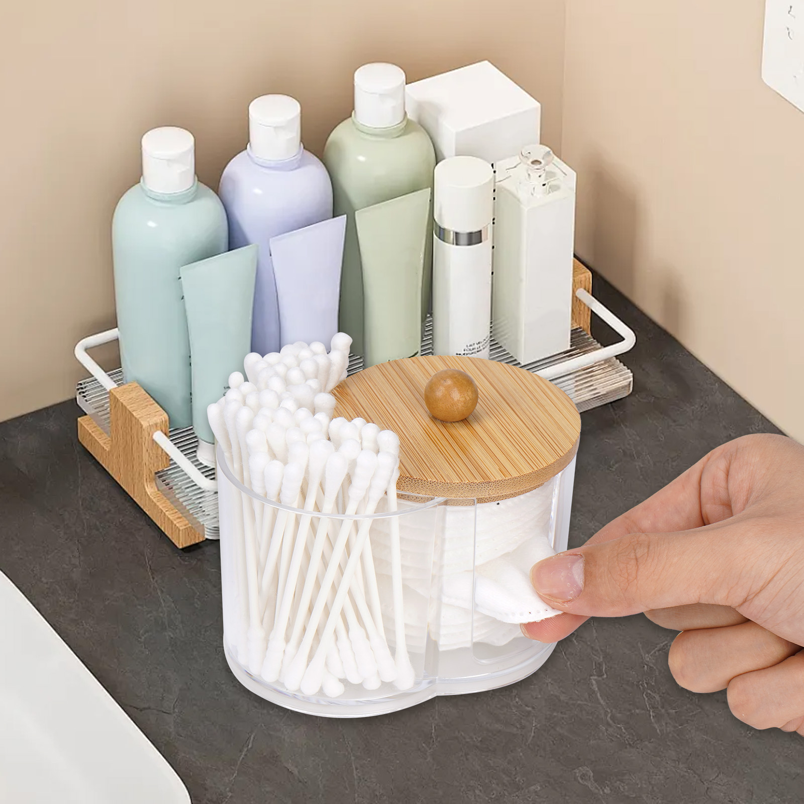 Cotton Swab Holder,Cotton Pad Holder, Small Plastic Cotton Swabs Dispenser with Lid, Bathroom Accessories Storage Organizer for Swabs, Pads, Floss Picks (Clear) - Image 4
