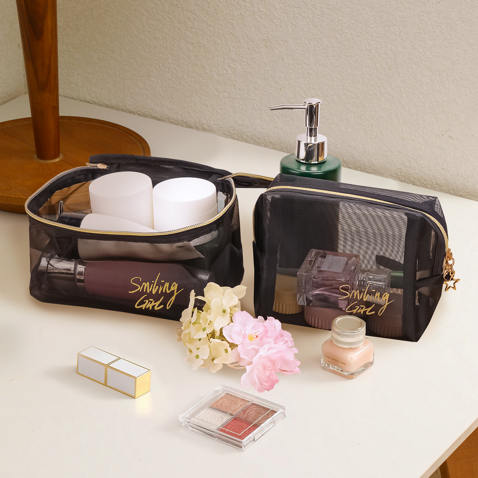 Pieces Mesh Makeup Bags, Portable Mesh Cosmetic Bag with Zipper, Travel Toiletry Bag for Home Office Travel Accessories (Black) - Image 5