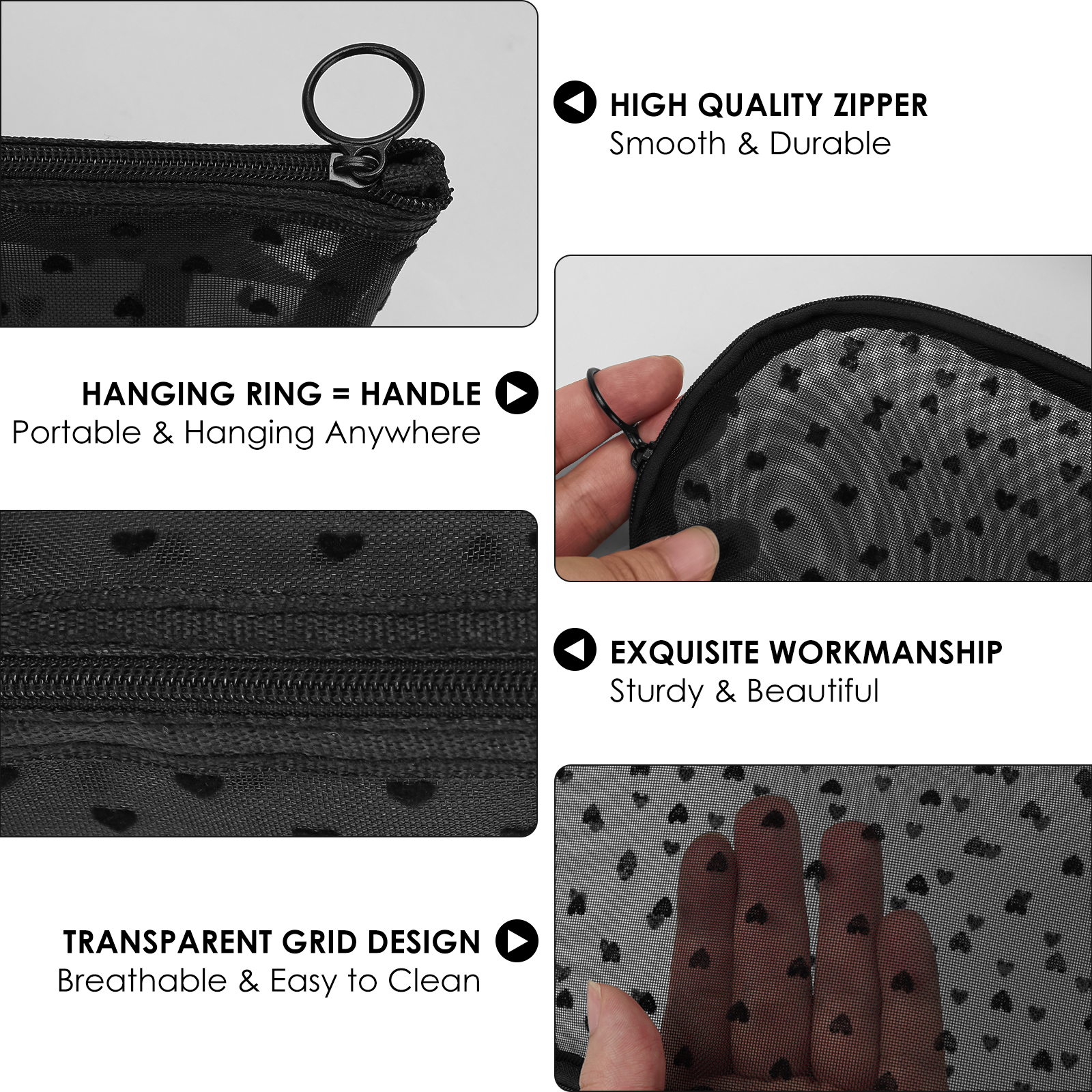 Pieces Heart Print Mesh Cosmetic Bag, Portable Mesh Makeup Bag with Zipper, Small Toiletry Pouches for Home Office Travel (Black) - Image 6