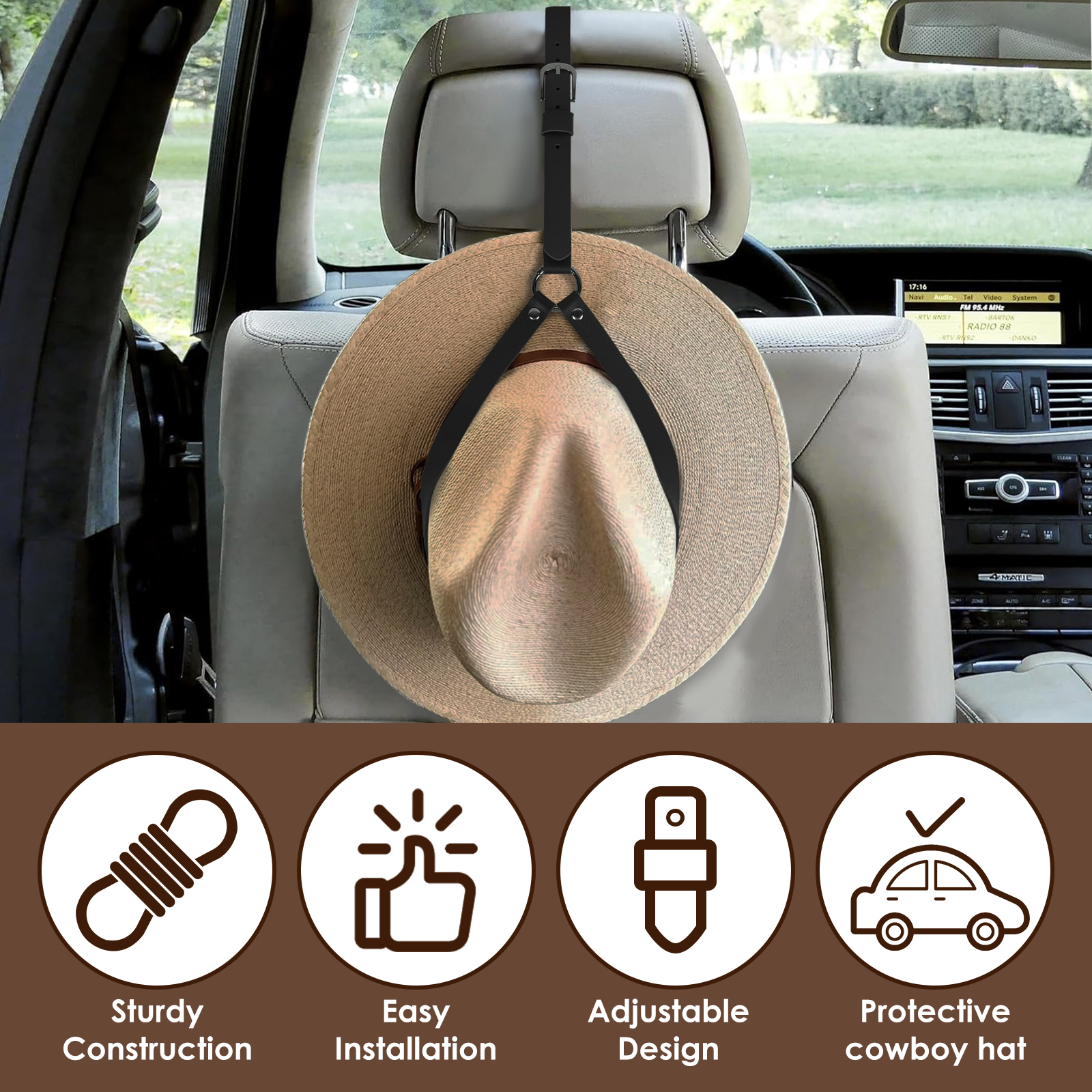 Cowboy Hat Rack for Pickup Trucks, Leather Cowboy Hat Holder for Truck Headrest, Cowboy Hat Hanger for Vehicle SUV Car Accessories (Black) - Image 3