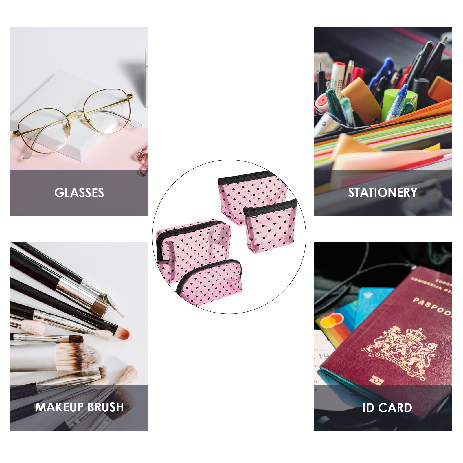 Pieces Mesh Cosmetic Bags, Portable Travel Mesh Makeup Bag, Heart Print Zipper Pouch Toiletry Bag for Women Girls (Pink) - Image 5