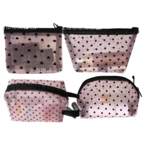 Pieces Mesh Cosmetic Bags, Portable Travel Mesh Makeup Bag, Heart Print Zipper Pouch Toiletry Bag for Women Girls (Pink)
