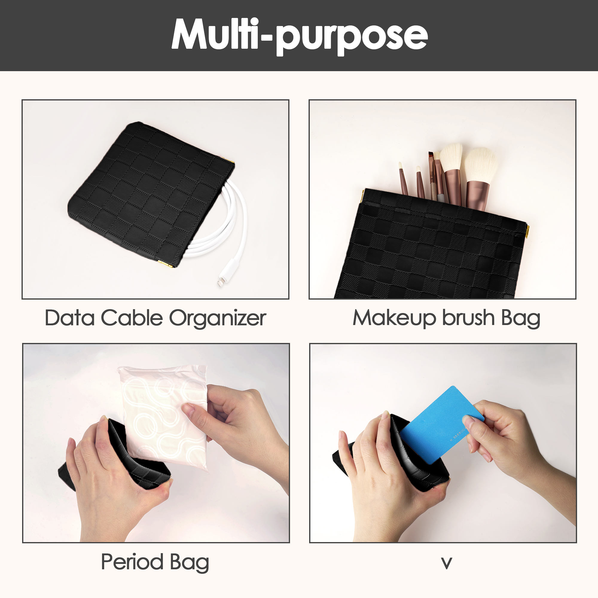 Vegan Leather Pocket Cosmetic Bag for Purse Set of 2, No Zipper Self Closing Makeup Pouch for Women, Waterproof Portable Coin Purse (Black) - Image 6