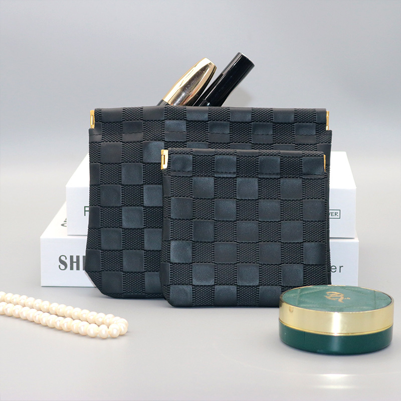 Vegan Leather Pocket Cosmetic Bag for Purse Set of 2, No Zipper Self Closing Makeup Pouch for Women, Waterproof Portable Coin Purse (Black)