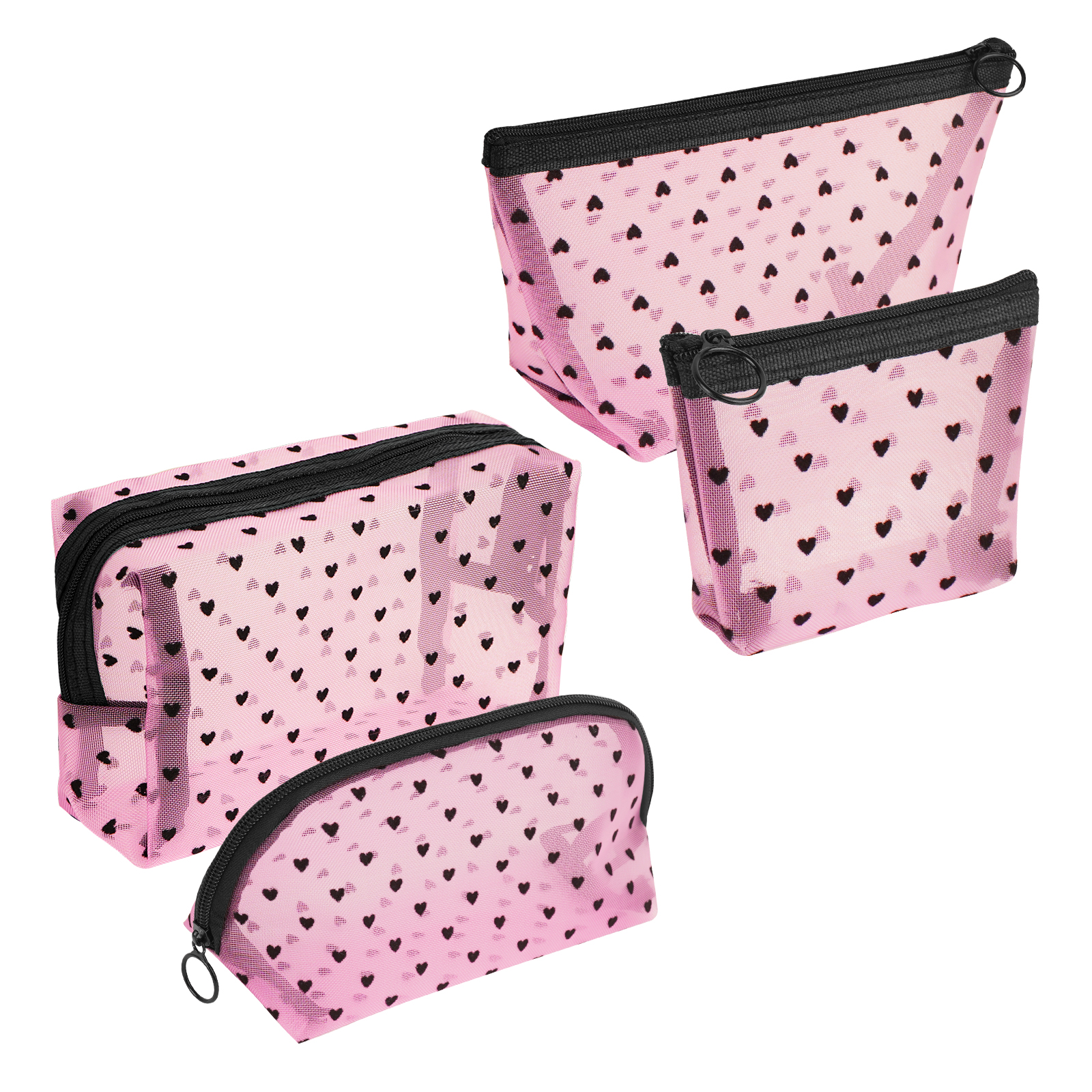 Pieces Mesh Cosmetic Bags, Portable Travel Mesh Makeup Bag, Heart Print Zipper Pouch Toiletry Bag for Women Girls (Pink) - Image 4
