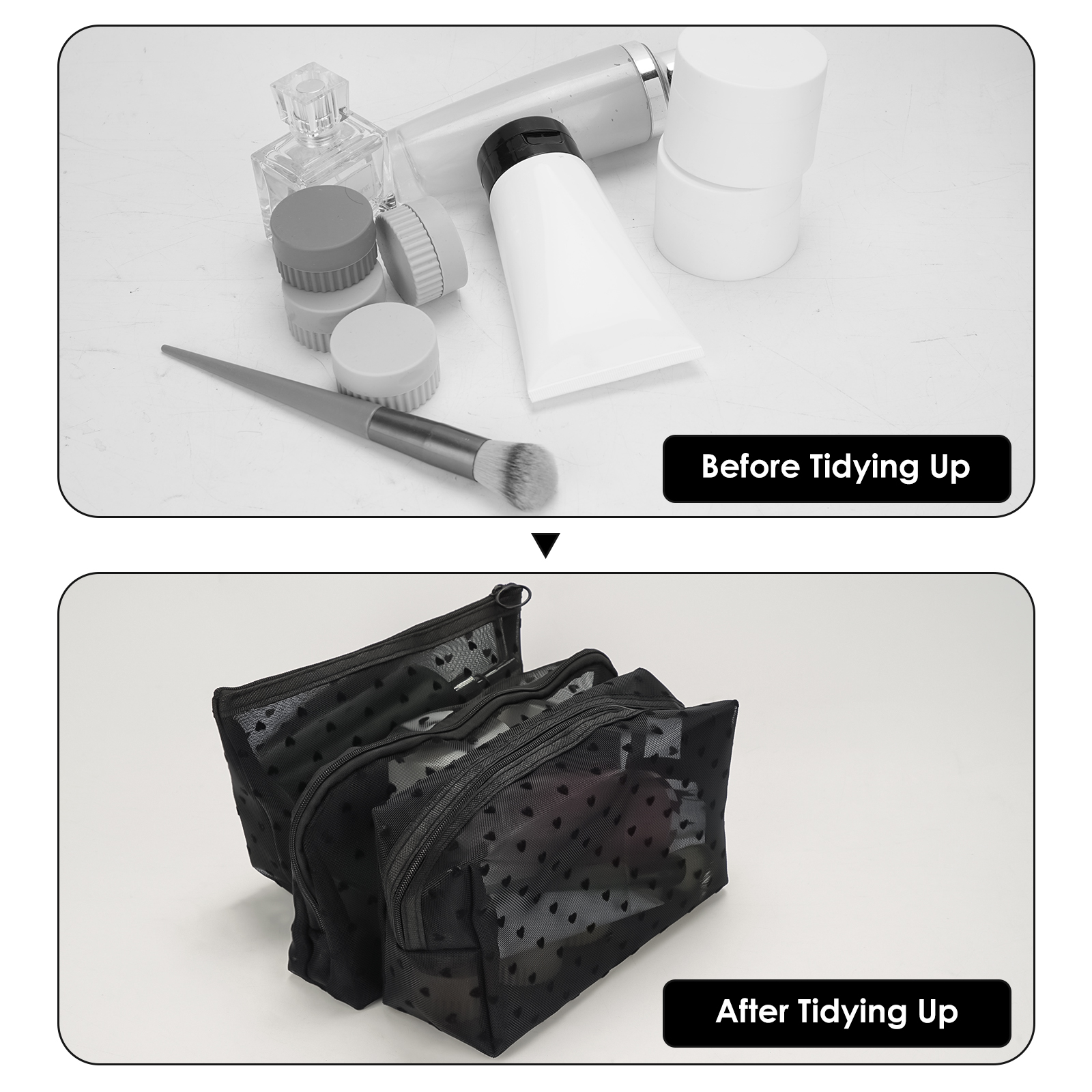 Pieces Heart Print Mesh Cosmetic Bag, Portable Mesh Makeup Bag with Zipper, Small Toiletry Pouches for Home Office Travel (Black) - Image 5