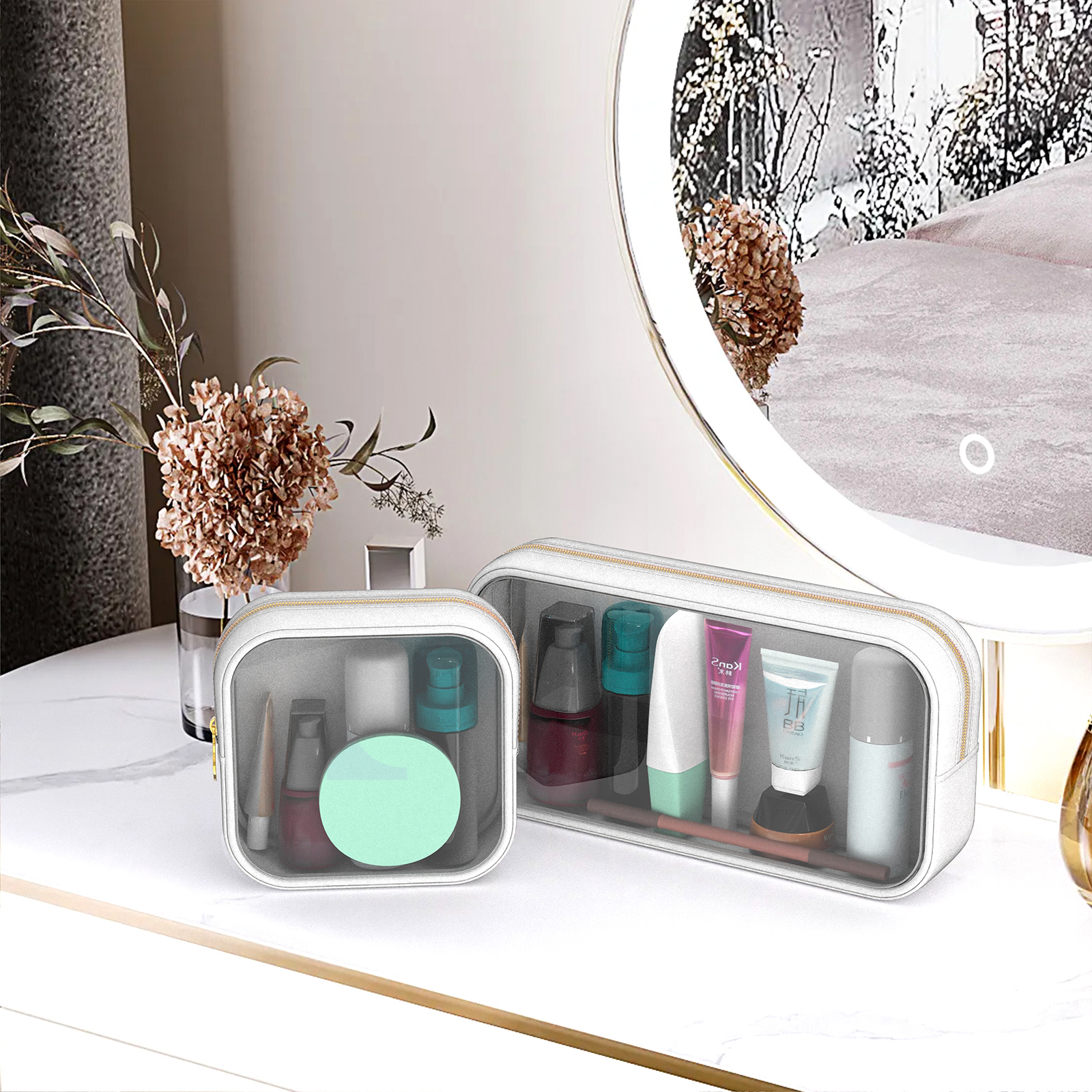 Clear Makeup Bag Set of 2, TSA Approved Waterproof Travel Cosmetic Bag, PVC Nylon Portable Makeup Organizer Bags for Women (White) - Image 5