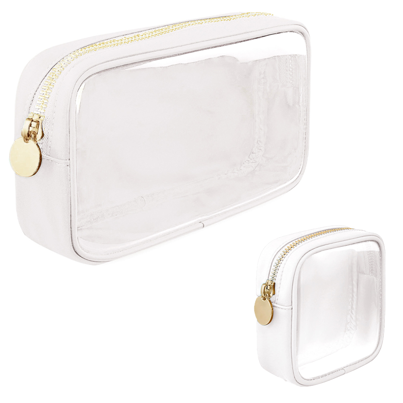 Clear Makeup Bag Set of 2, TSA Approved Waterproof Travel Cosmetic Bag, PVC Nylon Portable Makeup Organizer Bags for Women (White)