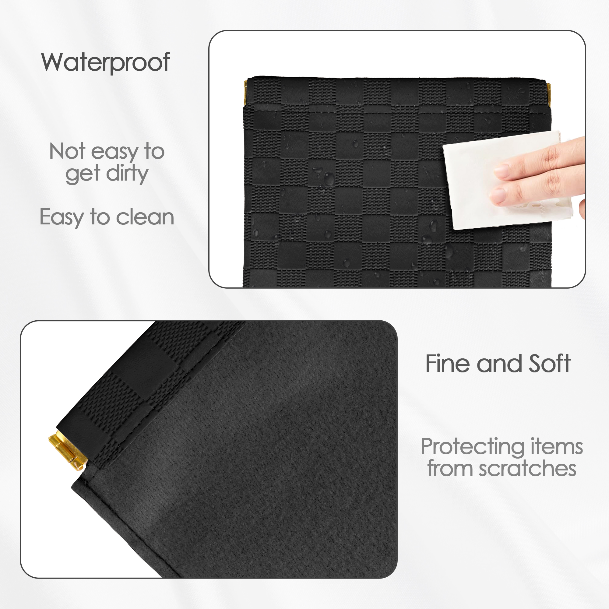 Vegan Leather Pocket Cosmetic Bag for Purse Set of 2, No Zipper Self Closing Makeup Pouch for Women, Waterproof Portable Coin Purse (Black) - Image 3
